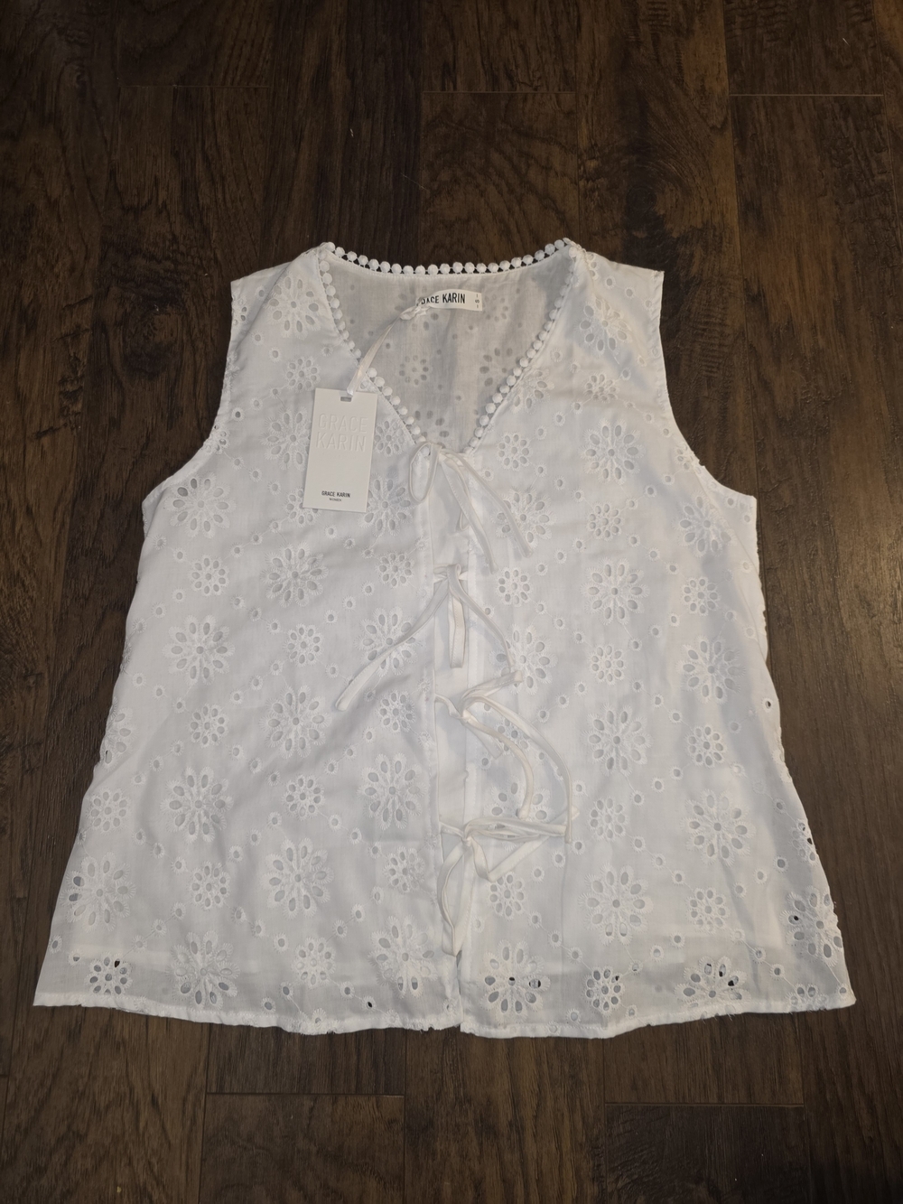 Grace Karin White Eyelet Tie-Front Sleeveless Camisole